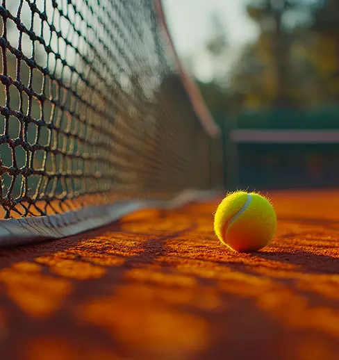 Una pallina da tennis gialla sul terreno di un campo, vicino alla rete in primo piano